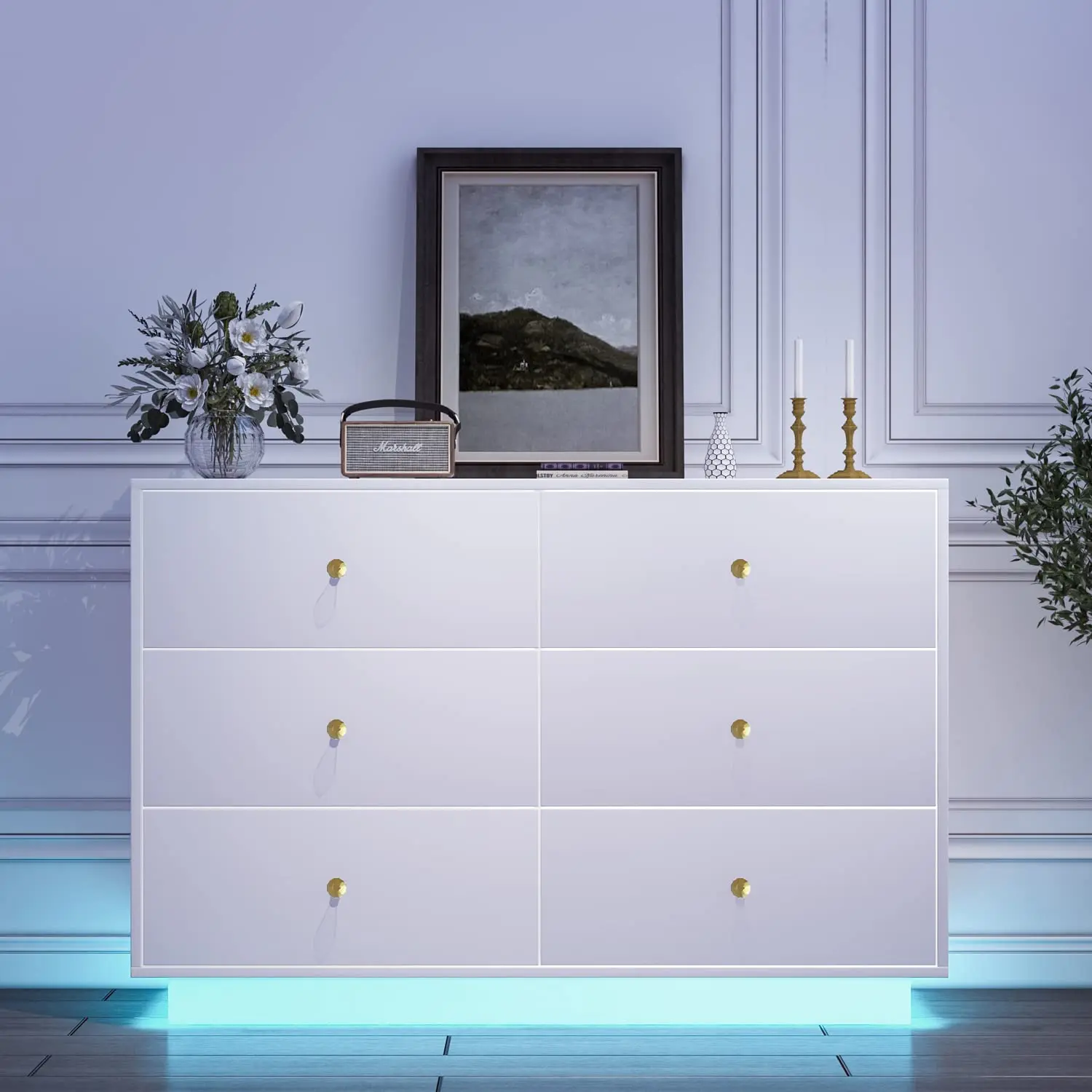 Wood Led Light Dresser Organizer Table Set Modern 6 Drawers Dresser Chest of Drawers Dressers Bedroom Furniture White