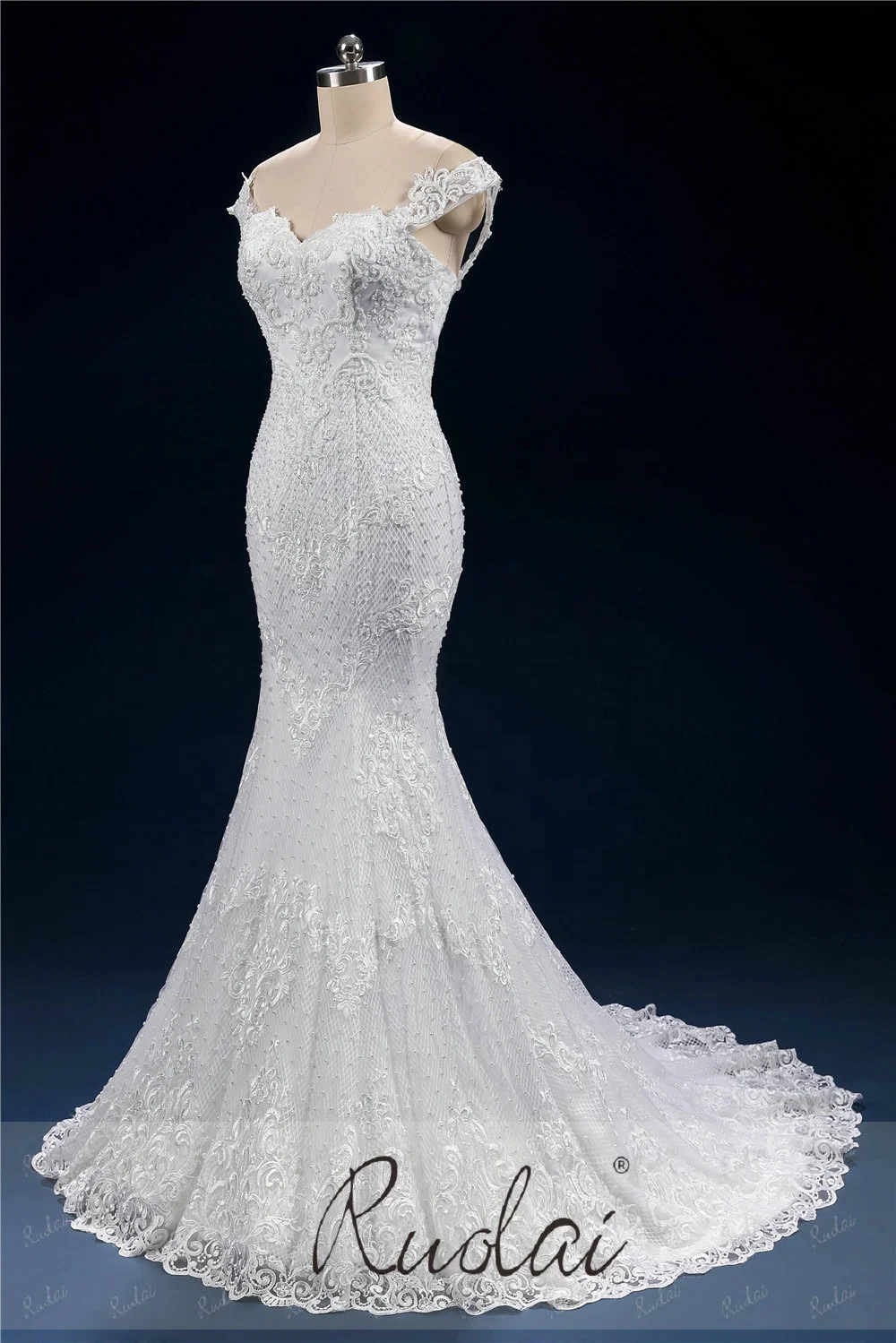 PWD-H1081 Luxury Crystal and pearls Applique Bridal Mermaid Off Shoulder Wedding Dresses