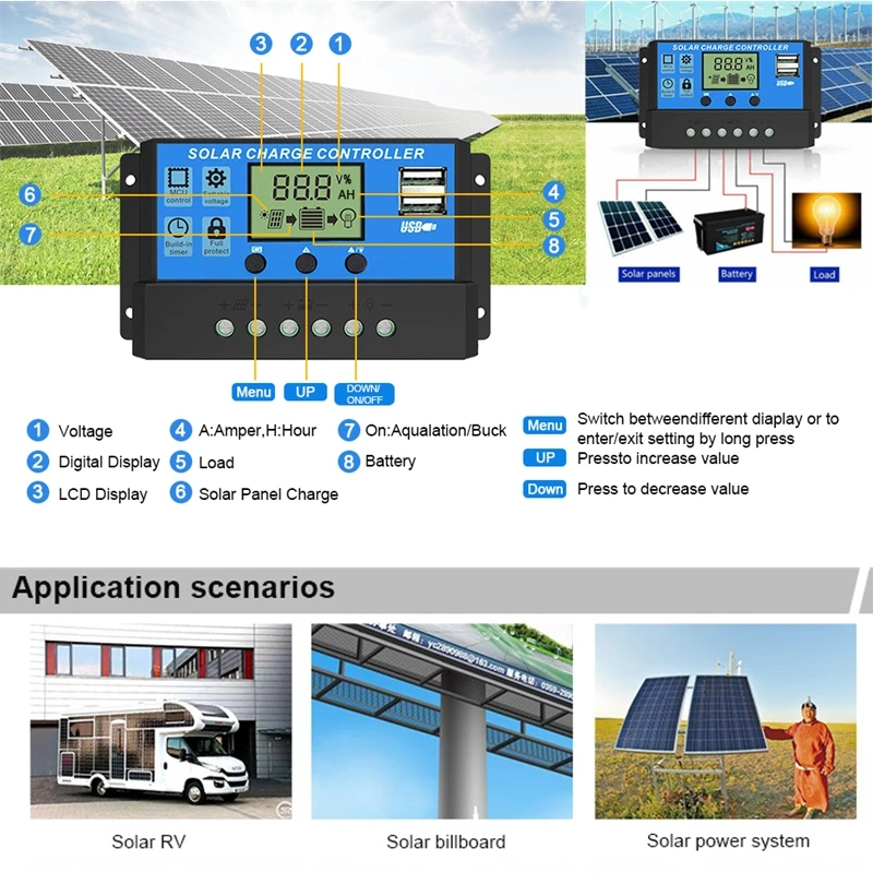 Smart Solar Panel Controller Regulator 24V 12V DC Output Bulb 10A 20A 30A Manual PWM Solar Charge Controller