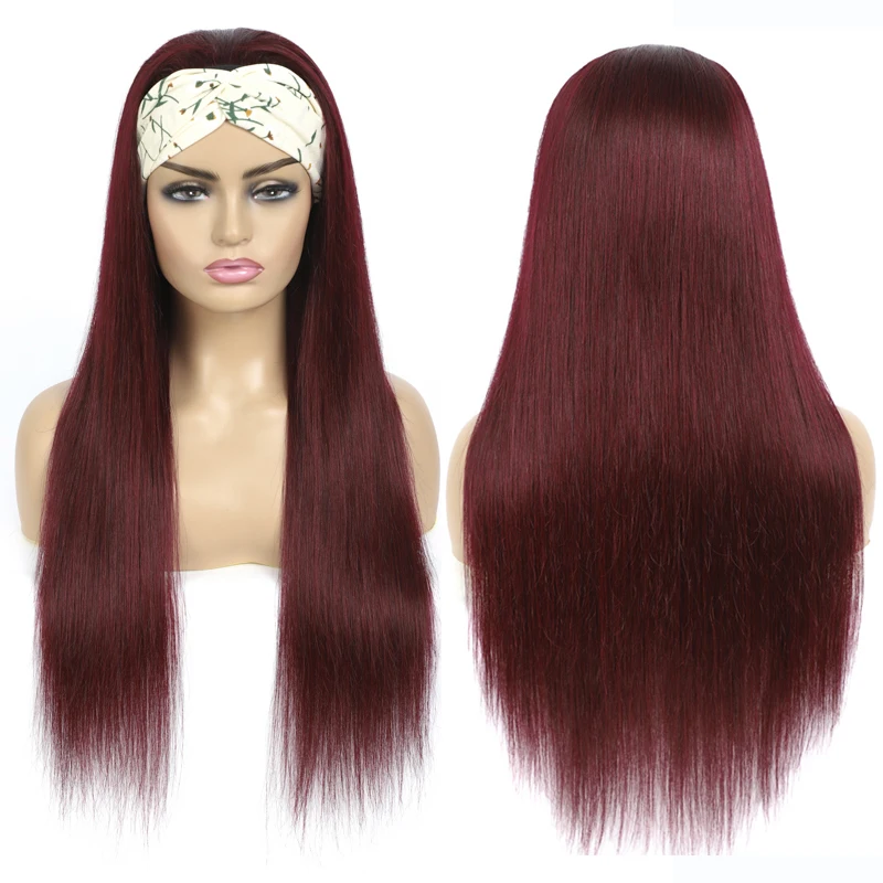 Wholesale Raw Indian Virgin Remy Human Cuticle Aligned Colored 99J  Hair None Lace Wigs For Black Women Glueless Headband Wig