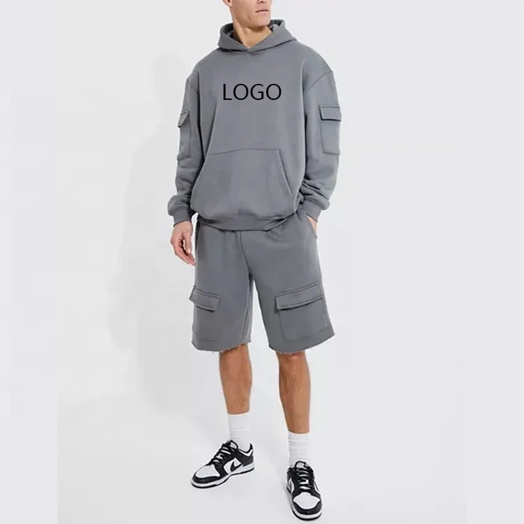 Custom Premium Oversized Plain Multi Cargo Pockets Tracksuit Drop Shoulder French Terry Cotton Polyester Tracksuit Men