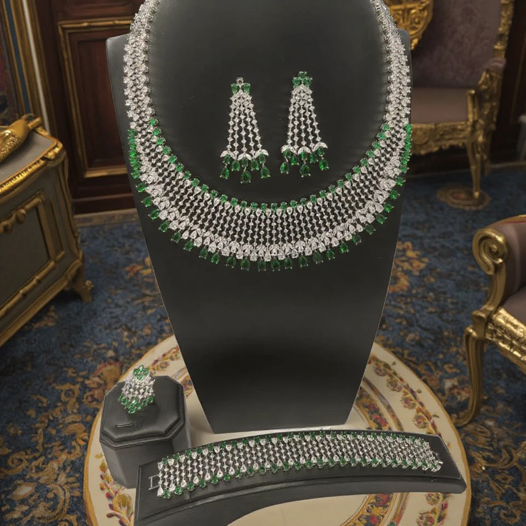 Wholesale India Dubai Gold Anniversary Jewelry Set Beautiful Bridal Wedding Necklace Women Necklace Emerald Jewelry Set
