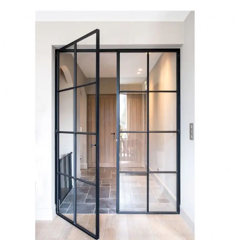 Premium Modern Narrow Mutton Rails French Door Crittall Steel Iron Black Matte Frame With Clear Glass