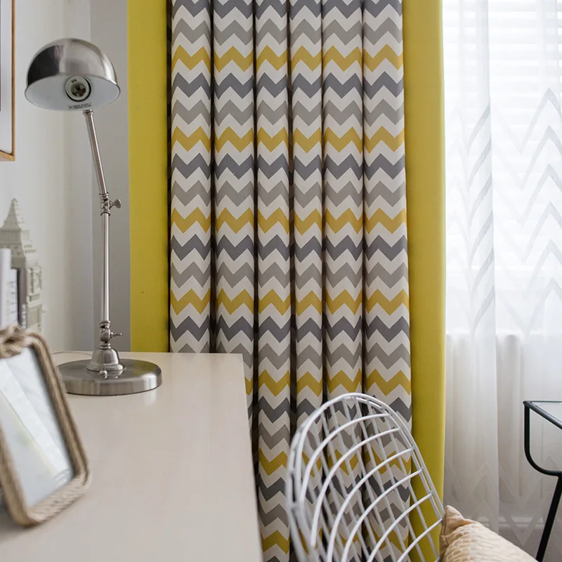 Latest Curtain Fashion Designs Polyester Curtain Modern Wave Geometry Striped Yellow Curtain For Bedroom