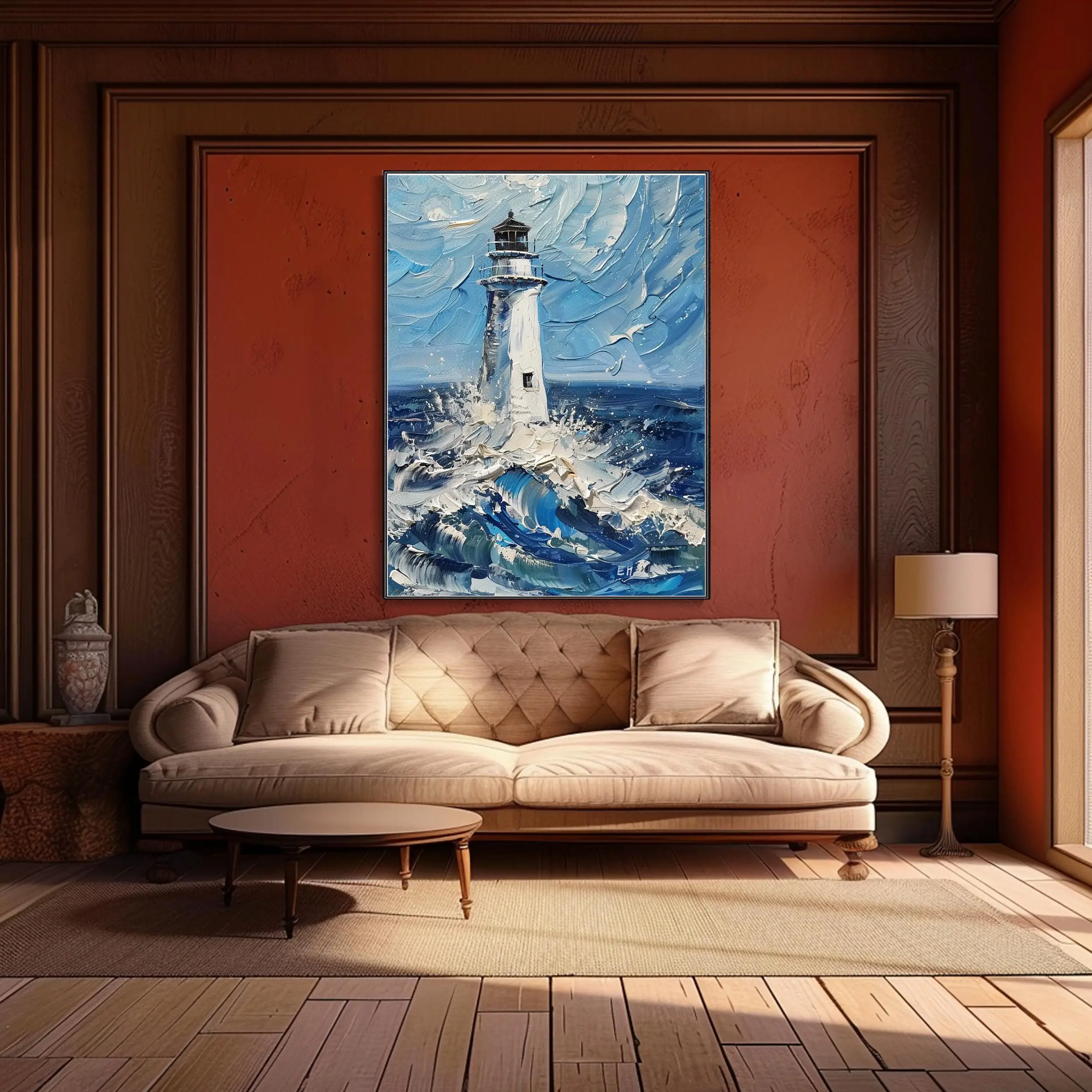 SQ Modern Waves Decor Lighthouse Canvas Blue Ocean Oil Hand Abstract Landscape Custom 3D Decor Wall Interior Home Ocean Scenery