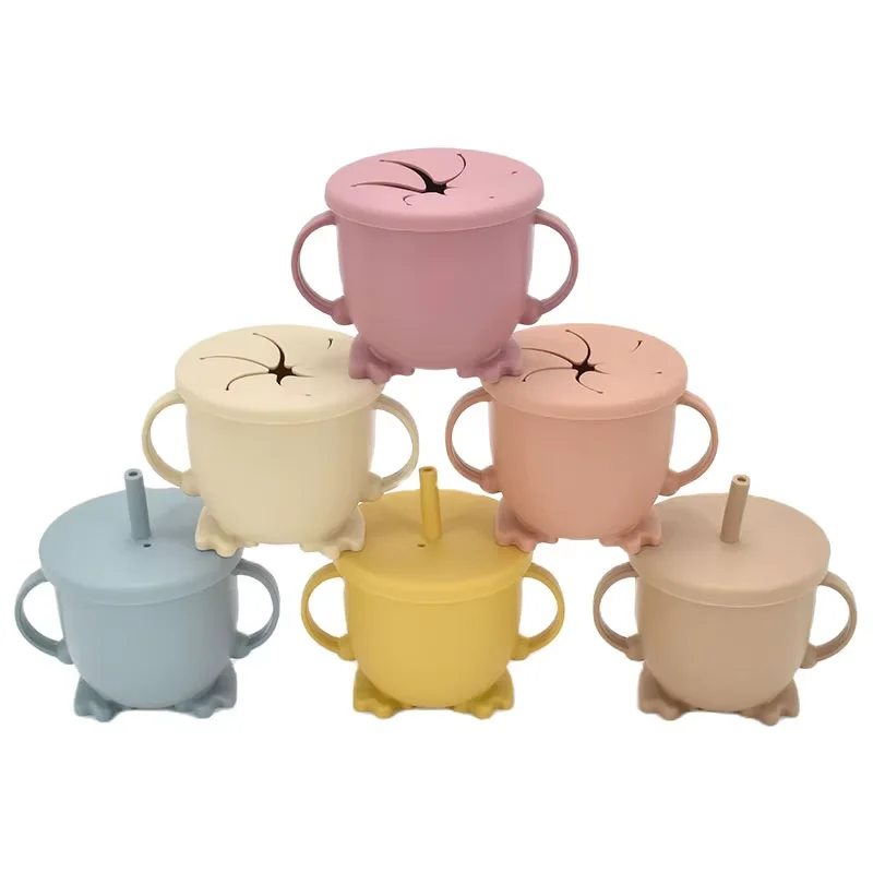 Non-Slip BPA-Free Toddler Learning Training Cups Silicone Baby Snack Cup 2 in 1 Sippy Cup With Straw and Lids for Kids