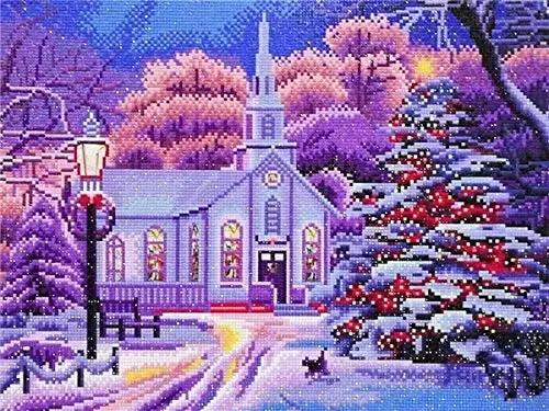 Round beads Drill 40x50cm Glow in Dark Church in Snow  Landscape LED Light Diamond Painting  with frame