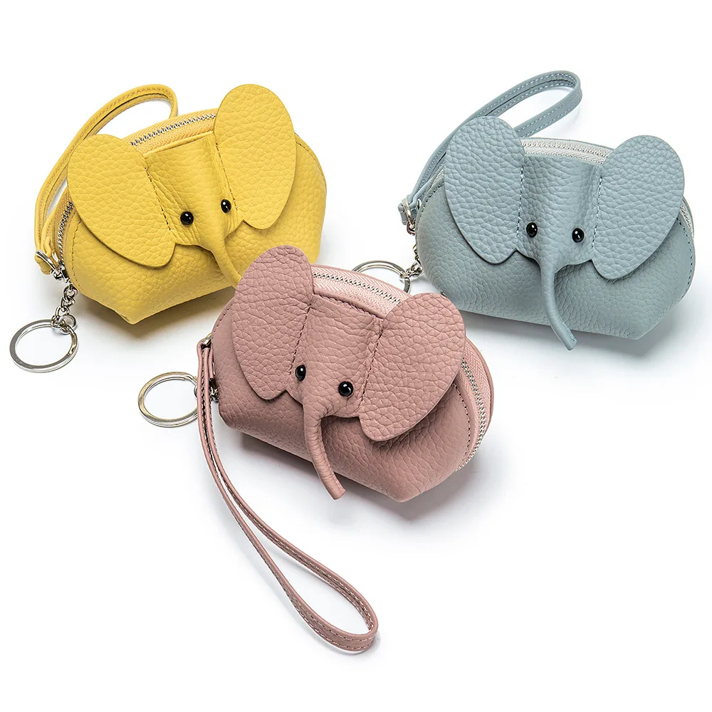 Cute Three-Dimensional Elephant Coin Wallet Coin Purse Key Chain First-Layer Cowhide Card Holder Storage Bag Elephant Purse