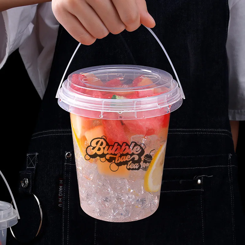 Wholesale disposable Boba Barrel with cover PP transparent plastic fruit drink bucket with handle