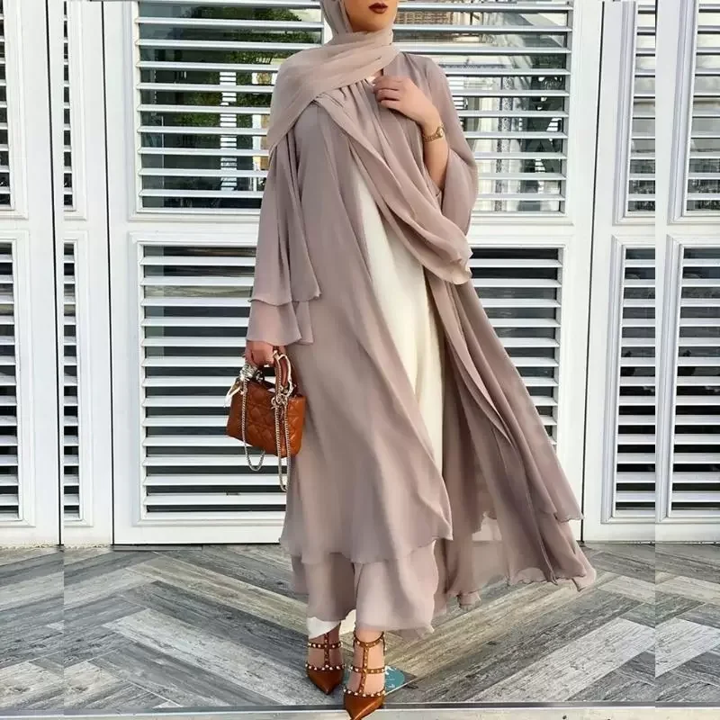 Muslim Long Sleeve Flowy Maxi Cardigan Islamic Open Front Kimono Abaya Robe Turkey Kaftan Solid Color Loose Islamic Dress