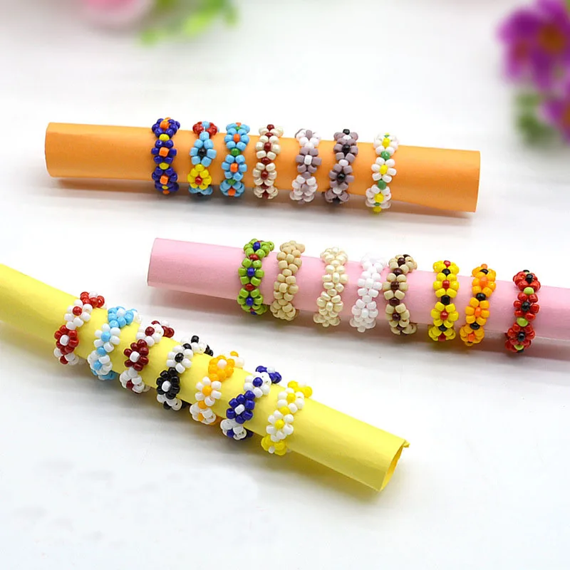 Amazon Hot Sale Summer Jewelry Trendy Boho Japan Miyuki Seed Beads Handmade Daisy Flower Stretch Adjustable Rings For Women