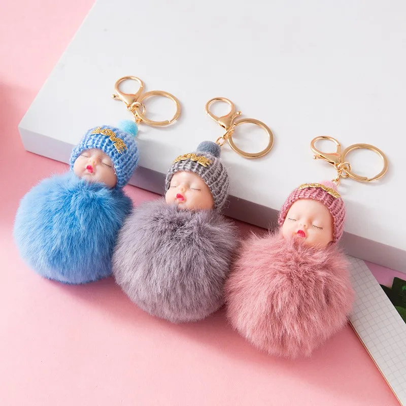 Wholesale 3D Doll Keychain Plush Mini Sleeping Baby Keychain Women Bags Hanging Key Ring
