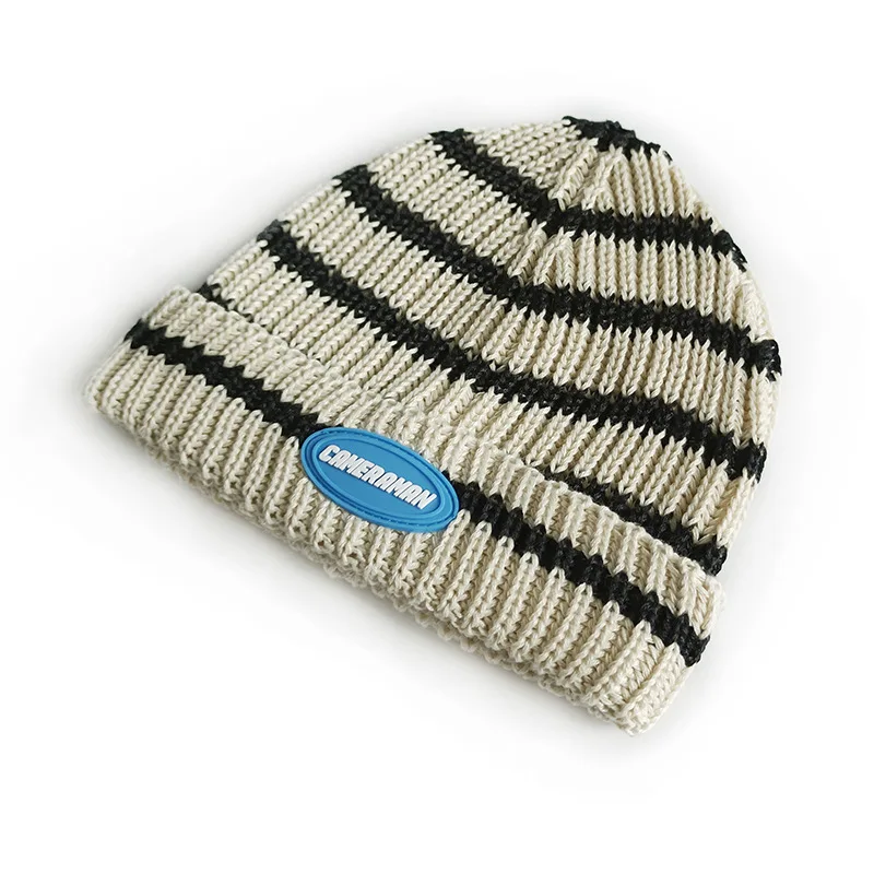 Cat brother children striped hat new knitting belt blue label colored pullover dome casual fashion street wool hat