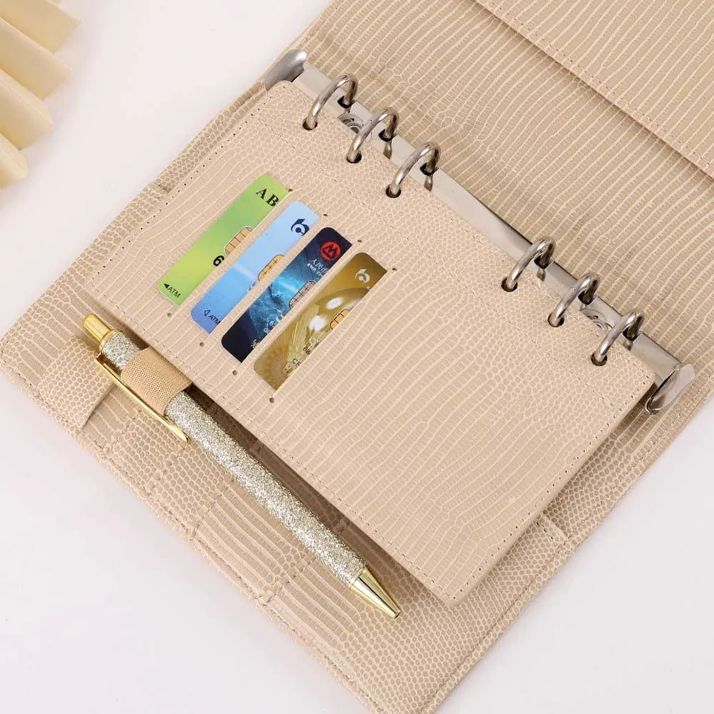 Etsy Best Selling 6 Ring A6 Lizard Croc Leather Dashboard Fly Leaf for Personal Planner with 6 Card Slots & An Elastic Pen Loop
