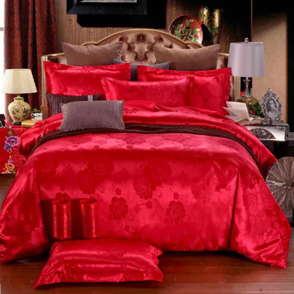 European Style  Custom Jacquard Navy Blue Satin Wedding Bedding Sets For Hotel