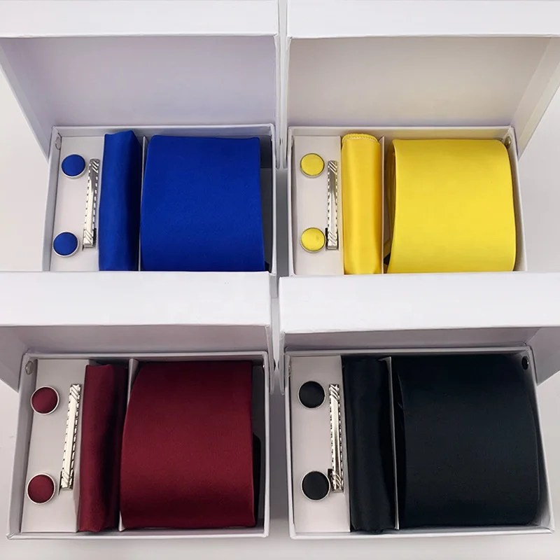 Wholesale cufflinks tie clip hanky 4 sets green blue pink necktie set solid men bow tie mens ties and pocket square set