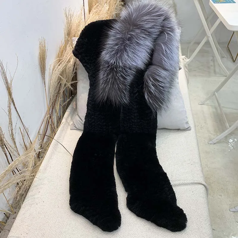 High Quality Winter fur hats for women Luxury Rex Rabbit Fur Scarf Warm Hat Natural Soft Fluffy Windproof hat and scarf set