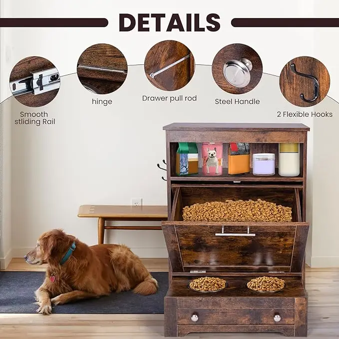 Modern Pet Feeder Station: Elevated Dog Food Storage Cabinet with Raised Bowls and Pull-Out Design