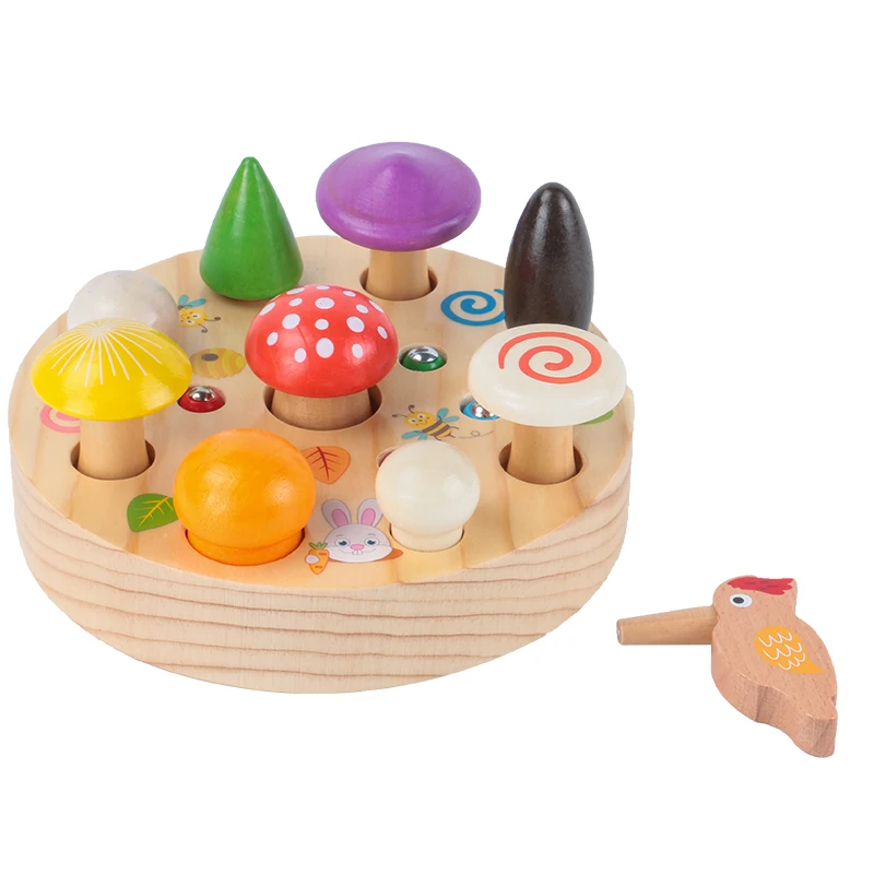 Magnetic woodpecker toy wooden mushroom hunting fun game boy and girl desktop educational toy