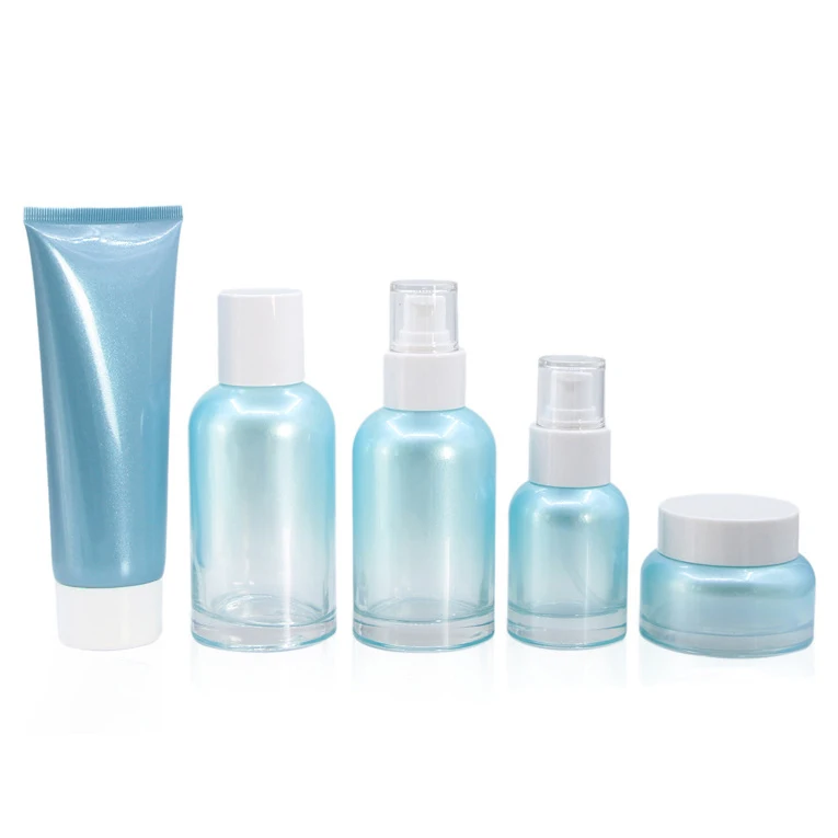 Ocean Blue Glass Cosmetic Packaging Set 50g Cream Jar 40ml 100ml 120ml Body Lotion Pump Bottle Atomizer Perfume Spray Bottle