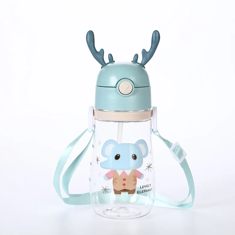 Cute Water Bottle with Straw for School Kids Girls Boys BPA FREE Leak Proof  Easy Clean Carry Handle with Elk Antlers Decorate