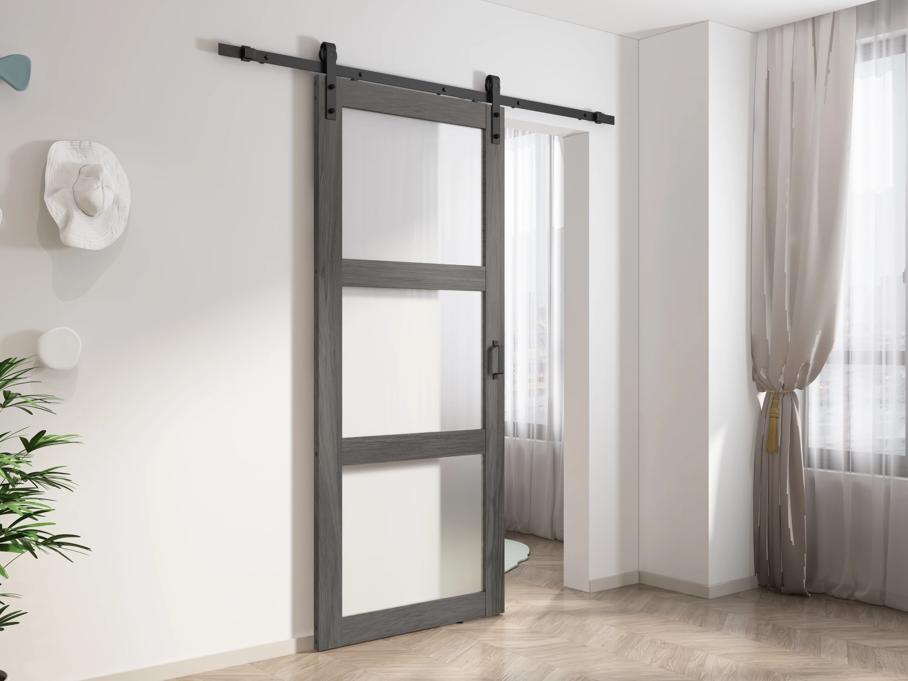 Knocked down version 3 lites Brown Color  Wooden Barn Door Wth frosted Glass Panels, Including The Track Rollers