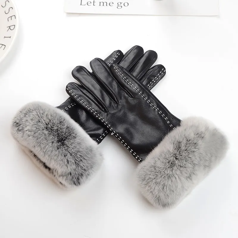 Luxury Imported Real Rex Rabbit Fur Leather Gloves Women Black Sheepskin Genuine Leather Winter Thick Warm Gloves