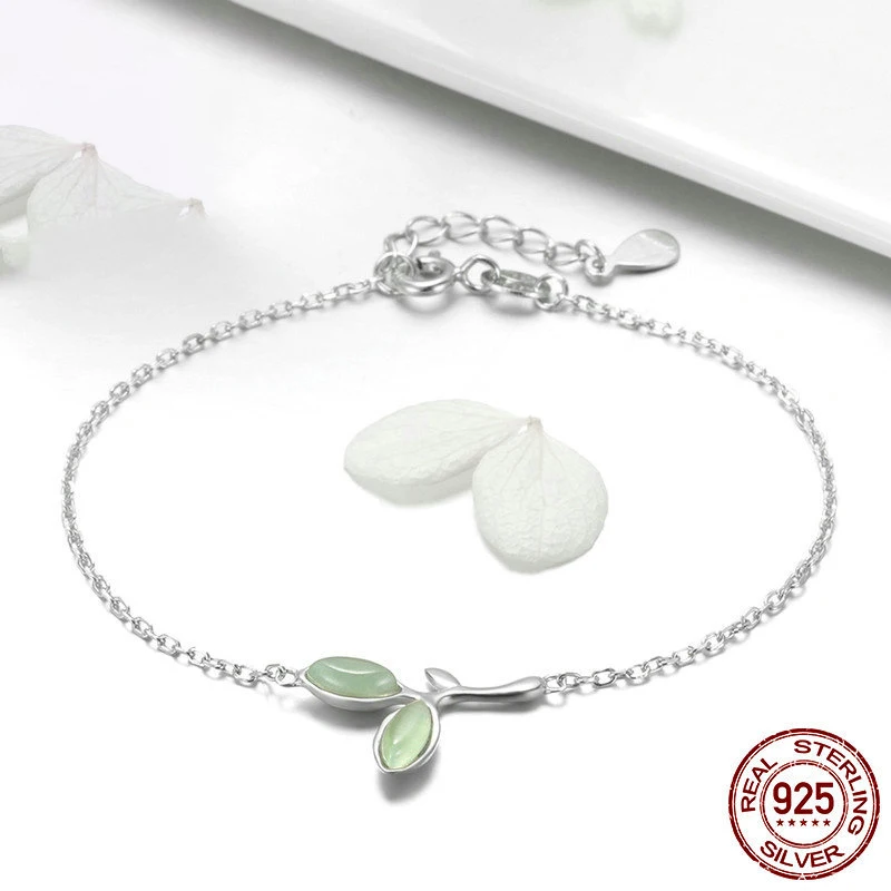 High Quality Fine Jewelry 925 Sterling Silver S925 Enamel Hope Green Grass Bracelet For Women Wholesale