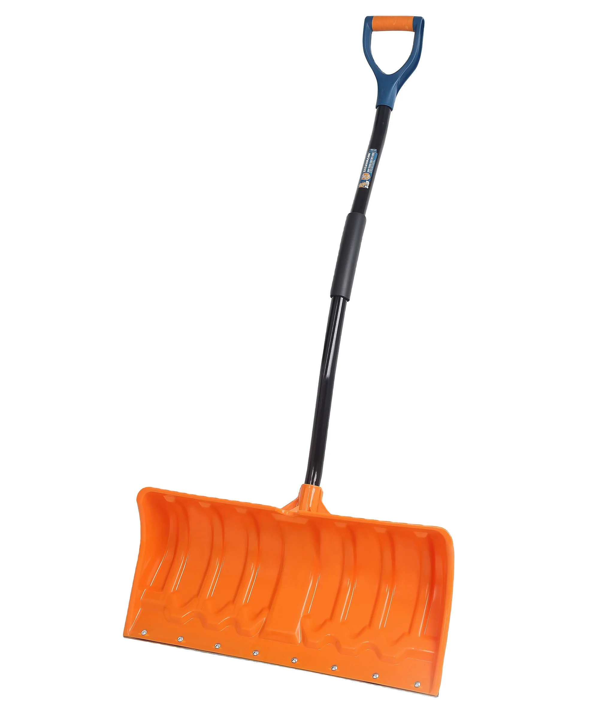 Plastic Snow Pusher snow shovel with powder coated steel handle, Large D-grip, with metal edge with plastic sleeve