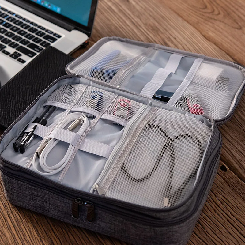Custom Portable SD Card USB Flash Drive Charging Power Bank Travel Box Electronic Storage Bags Double Layers Cable Organizer