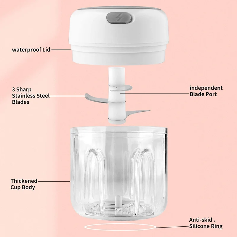 250ML USB Charging Portable Mini Electric Garlic Chopper ABS Blending Cup Electric Meat Grinder Vegetable Chopper
