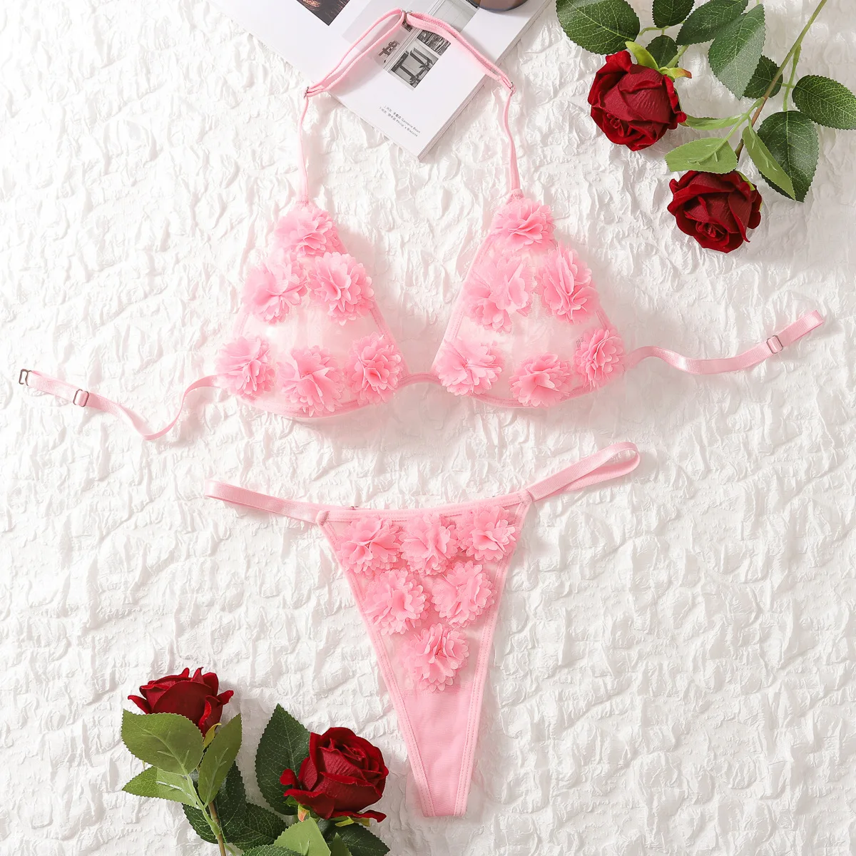 Chuangerm Spot 2024 New Fashion Lingerie Femme Sexy Floral Transparent Mesh Beautiful Back Halter Neck Low Chest Lingerie Set