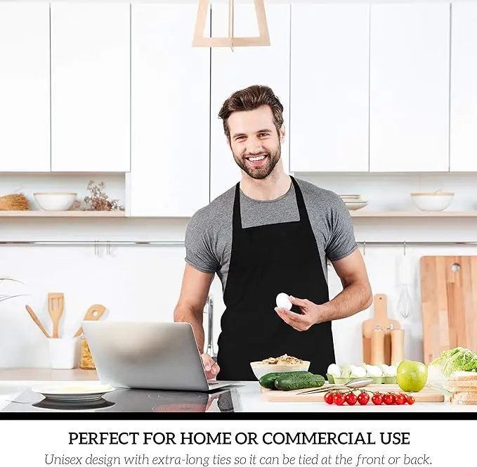 wholesale cheap custom full length bib black dishwasher apron kitchen polyester cotton fabric chef cooking apron two pocket logo