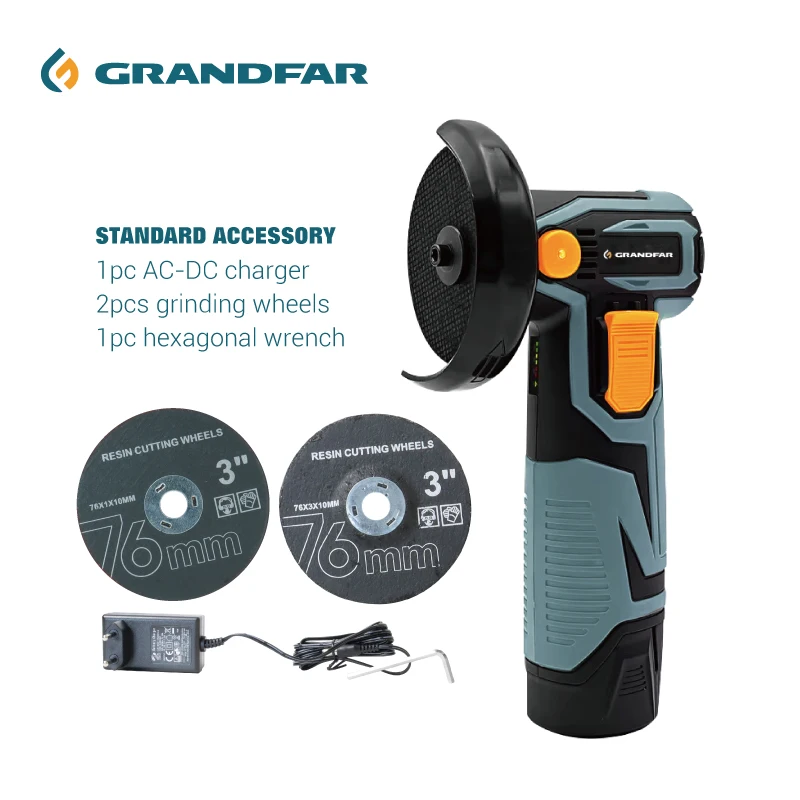 GRANDFAR Electric cordless angle grinder 12V 19500RPM 3inch 75mm High performance brushless battery powered angle grinder