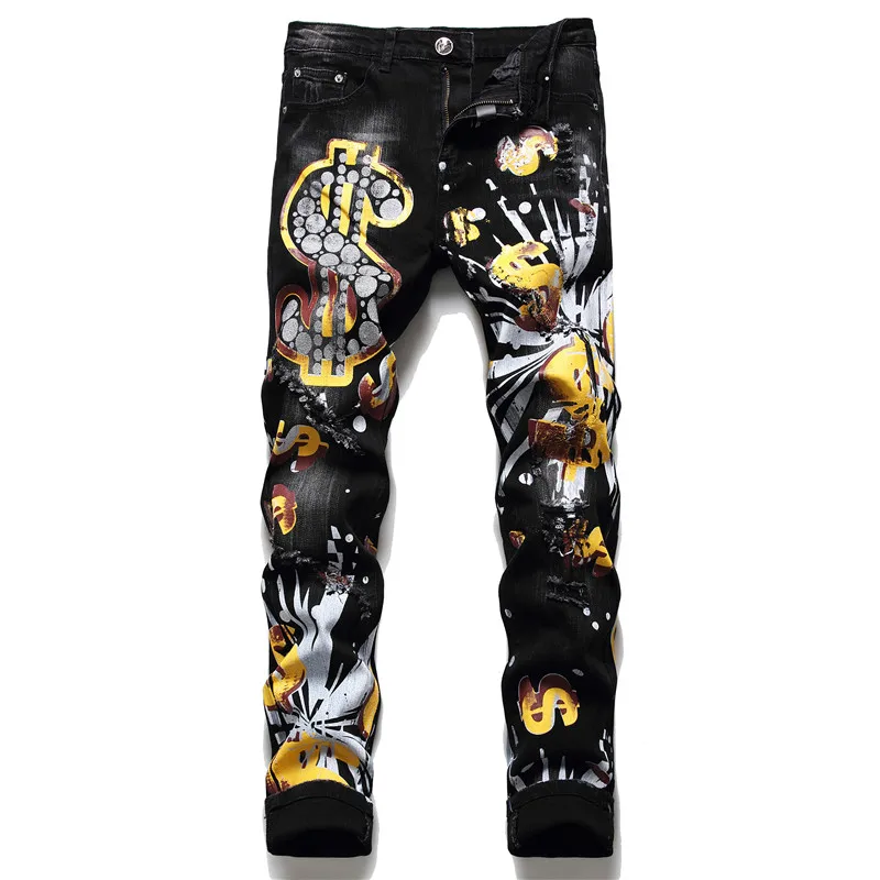
oem mens graffiti jeans stretch with holes skinny jeans men 2020 