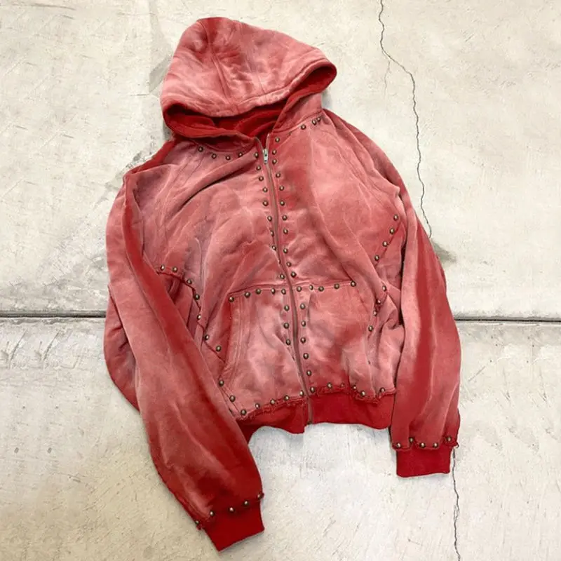 OEM Custom Sunfaded Zipper French Terry Streetwear Functional Acid Wash Men Zip Up Rivet Heavyweight Rhinestone Hoodie