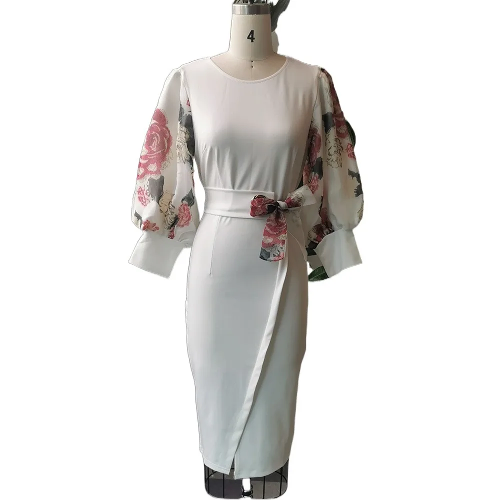 Latest Design Temperament Print Stitching O Neck Bandage Wrap Career Dress Ladies Office Dresses African Dresses