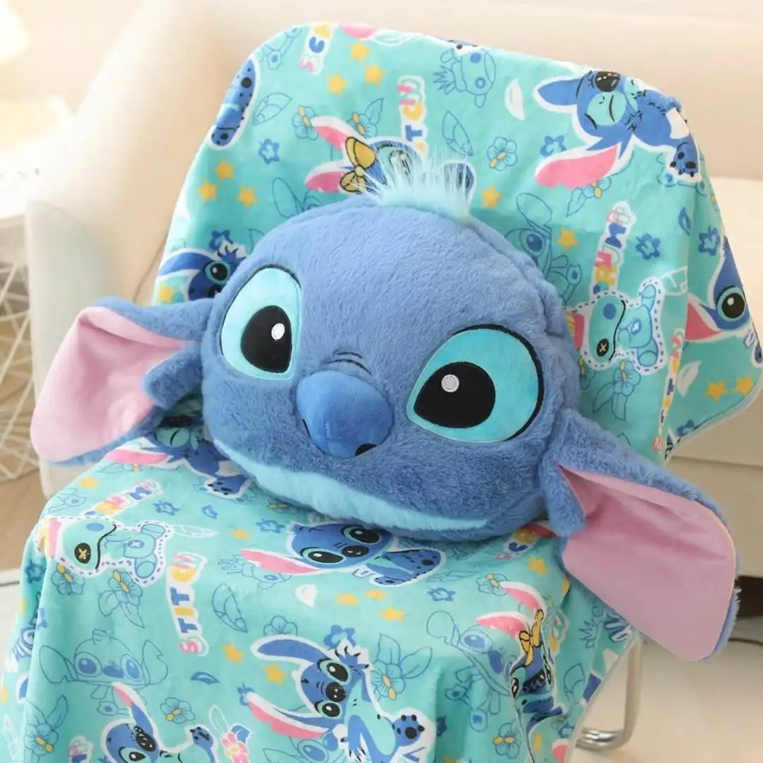 Kawaii Stitch Blanket and Pillow Cartoon Anime Doll with Soft Cotton Plush Toys and PP Filling Nap Blanket for Kid Birthday Gift