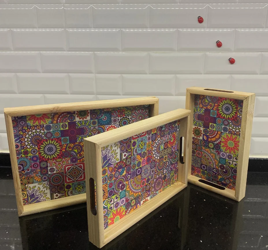 W90 Personalized 3-Piece Wooden Serving Tray with custom UV printing bottom,Pine tray with printed design bottom board