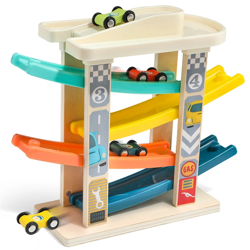 Topbright Educational Wooden Four-track Four Slide Trucks Track Racer kids racing track toy