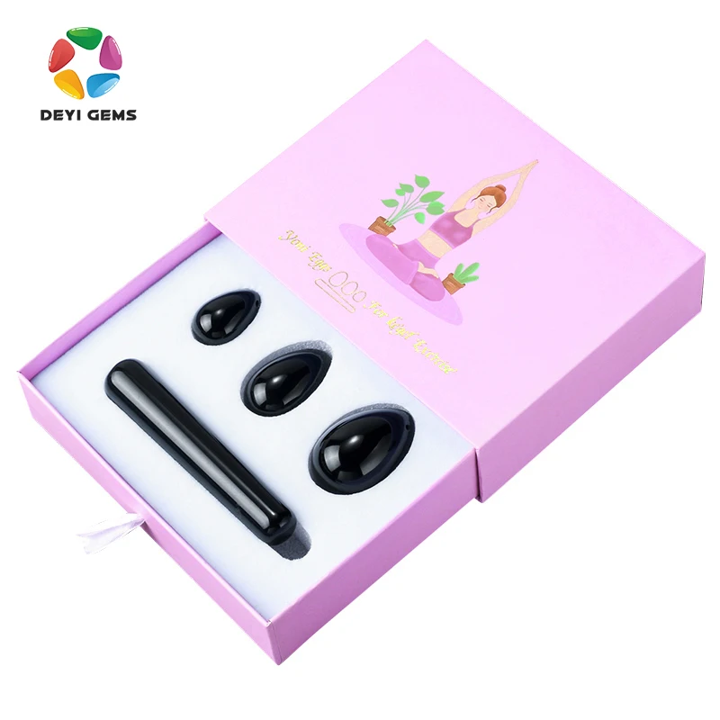Black Obsidian Yoni Egg & Massage Wand Set Wholesale 100% Natural Quartz Jade & Stone Yoni Kegel Eggs Massager Wand Set Women