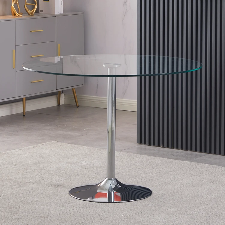 Современный недорогой круглый обеденный стол из закаленного стекла в современном стиле, хромированный, серебристый
