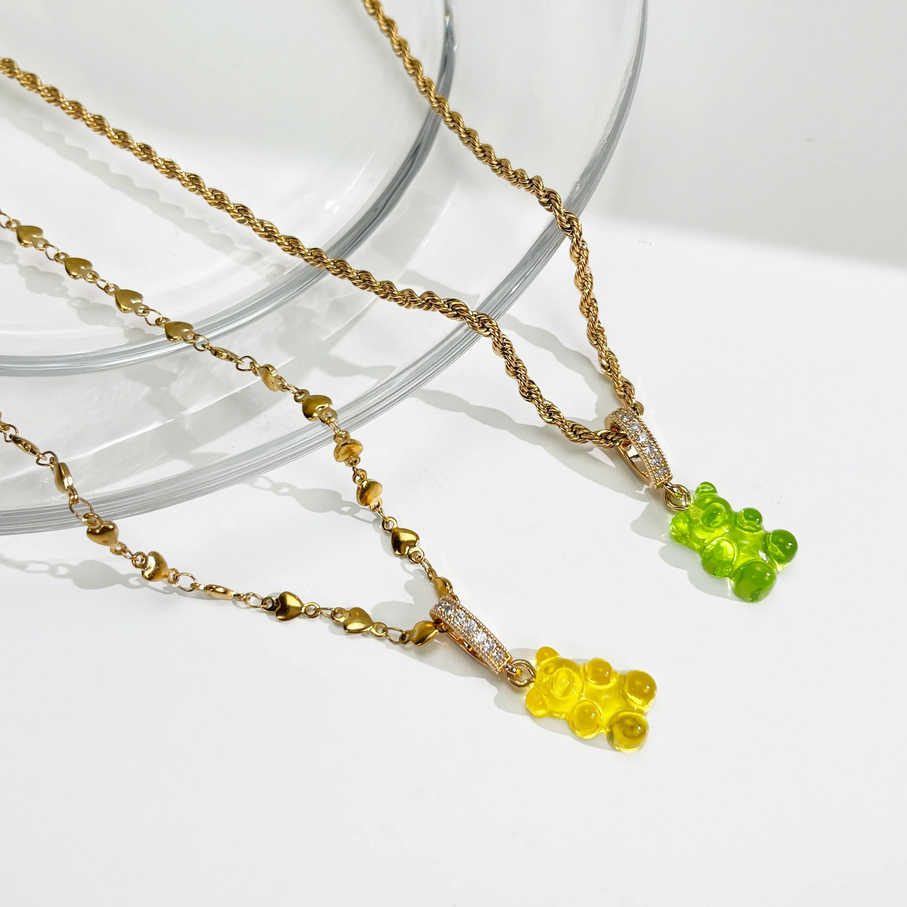 Stainless Steel Sweet Colors Multicolor Bear Acrylic Pendant Choker Necklaces Women 18K Gold Plated Beaded Pearl Fine Jewellery