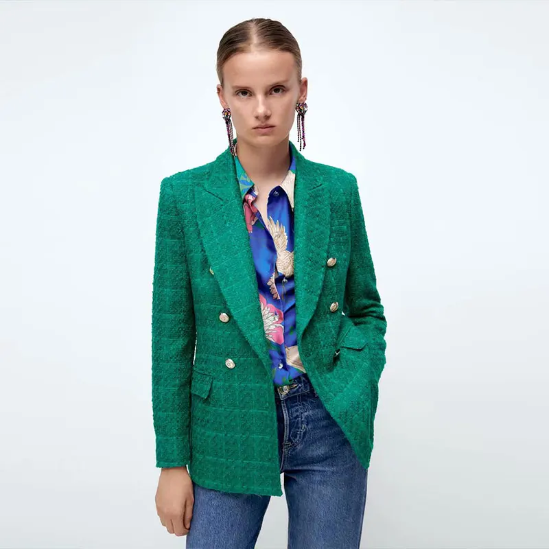 Retro Female Pockets Outerwear Office Lady Long Sleeve Coat  Women Double Breasted Tweed Blazers