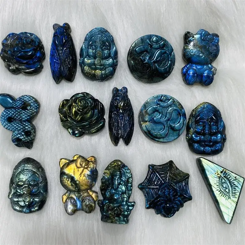 Hand-carved Full Flash Labradorite Crystal Carvings Kitty Snake Bug Evil Eyes Animal Statue Figurine