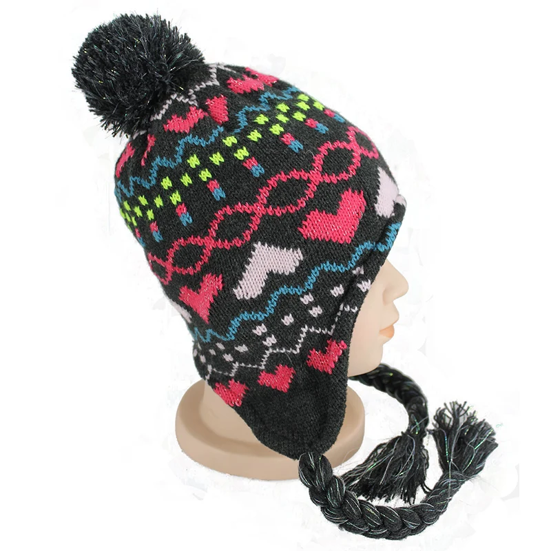 Custom keep warm children winter cute kids earflap jacquard beanie hats pom pom knitted hat