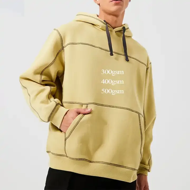 Wholesale High Quality 500gsm Heavyweight Fleece Relaxed Fit  Mens Drop Shoulder Contrast Stitch Hoodie With String