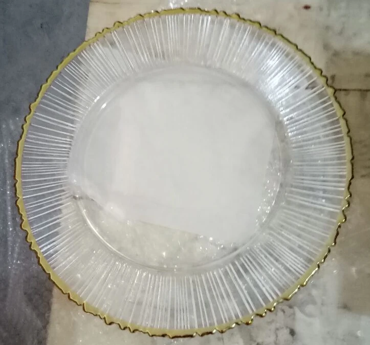 BL210610-1 Glass round wedding table use wholesale beaded charger plate gold rim