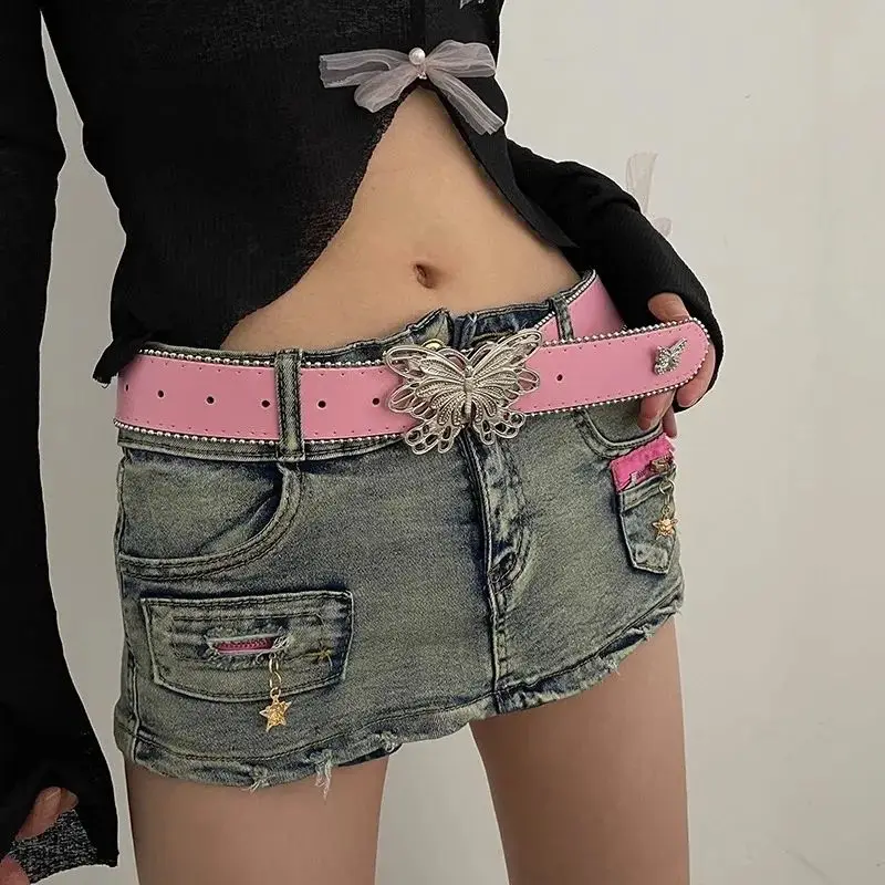 Y2K Jeans Butterfly Pin Buckle PU Belt for Women Subculture Goth Punk Buckle Waist Belt Vintage Wide Belt for Teens Girls Female