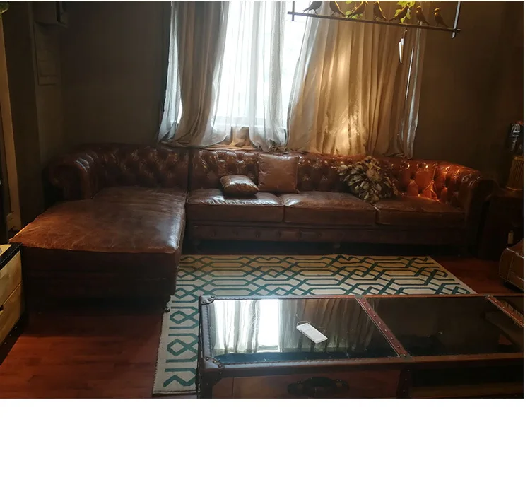 American first layer cowhide sofa set large villa furniture three people american country retro buckle sofa